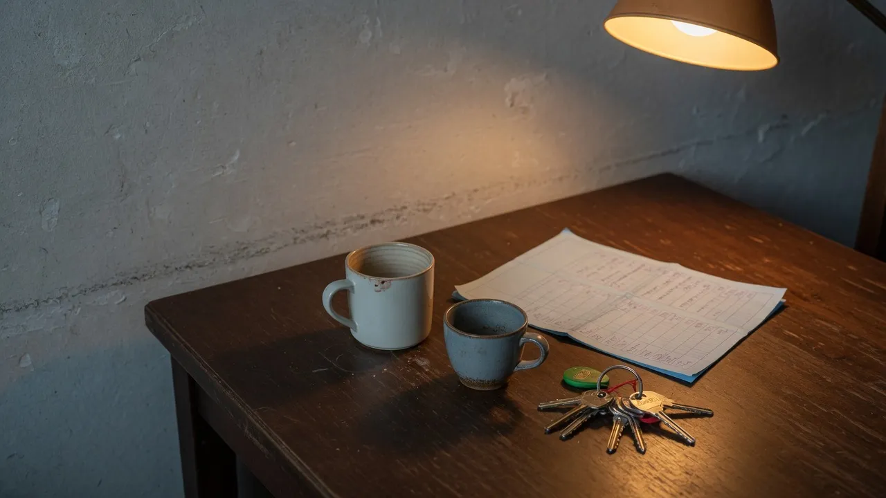Mesa de cocina de noche con dos tazas y un horario escolar boca abajo.