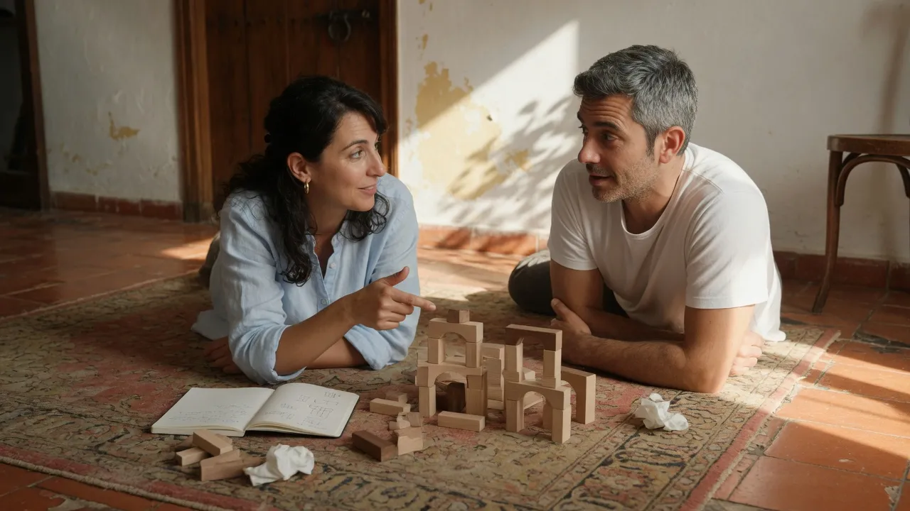 Dos adultos tumbados en el suelo hablando, con bloques de construcción y un cuaderno entre ellos. Sin menores.