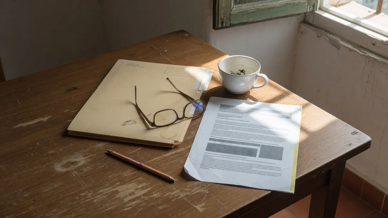 Carpeta, gafas y un informe boca abajo sobre la mesa de casa.