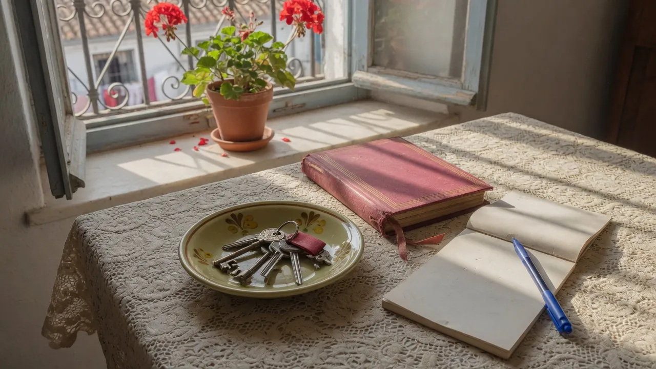 Llaves en un plato, un álbum cerrado y un cuaderno en blanco junto a la ventana.