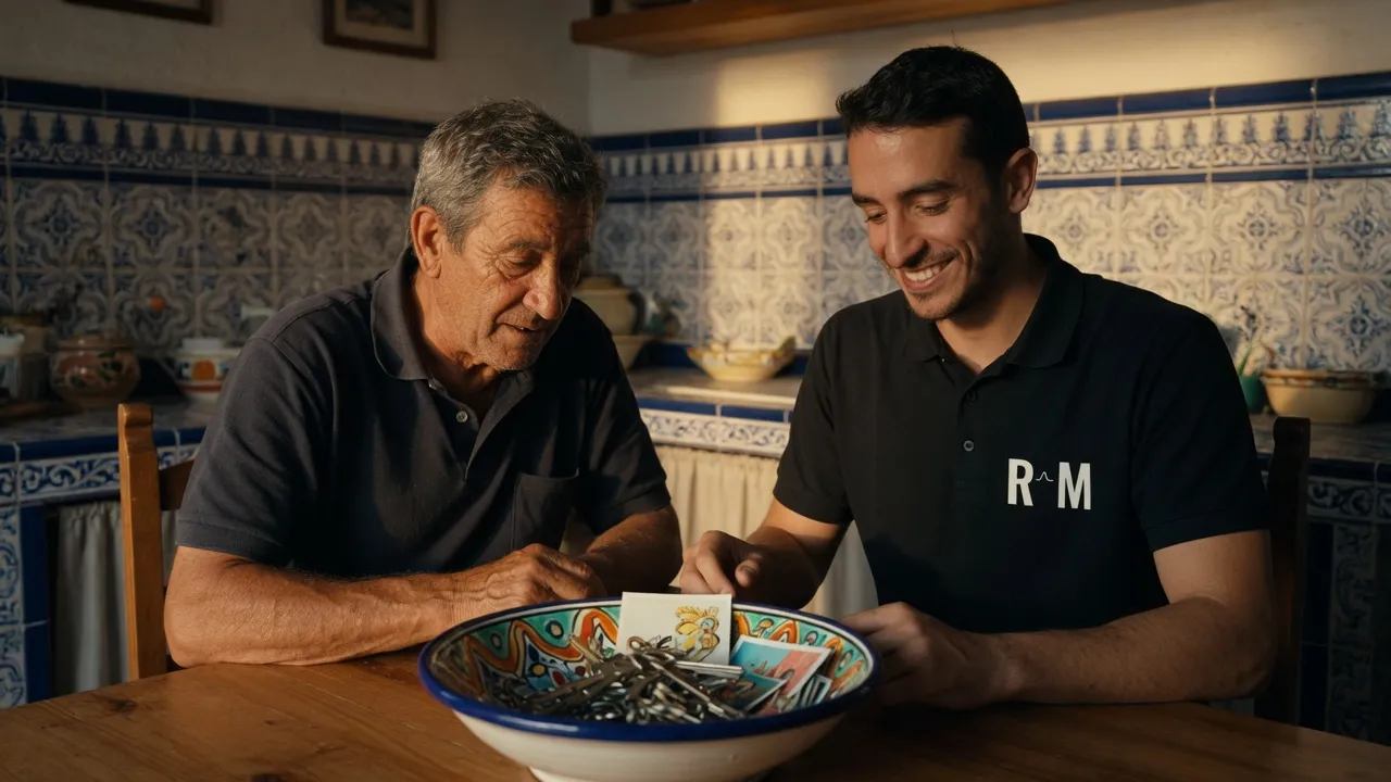 Fernando, polo RM, en una cocina: llaves y cuaderno. Quien consulta está de espaldas.