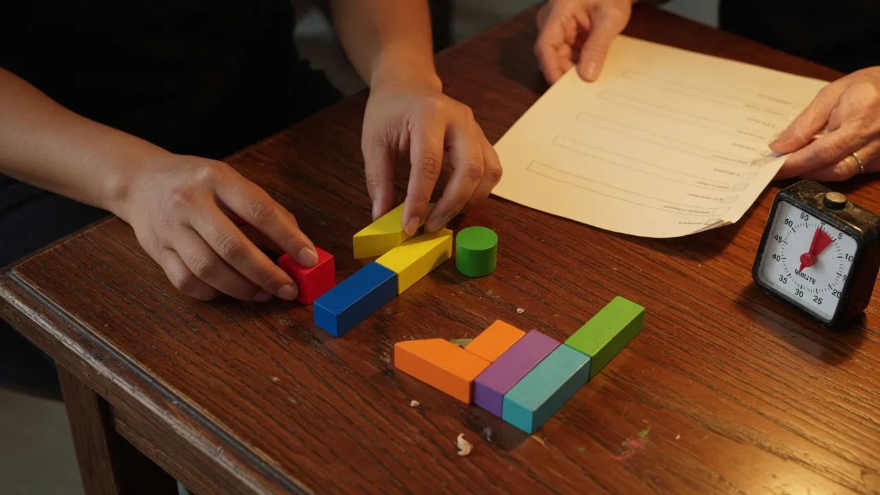 Manos y bloques de colores sobre la mesa, con un cronómetro: materiales de evaluación.