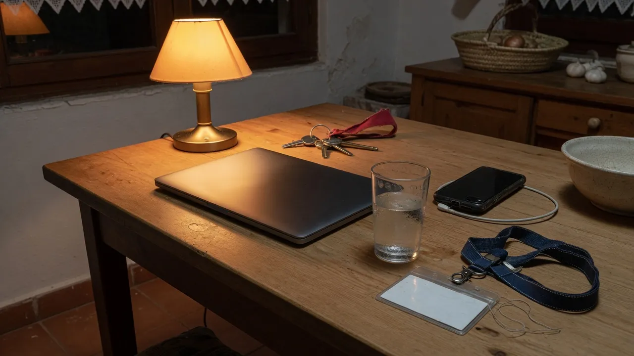 Portátil cerrado, llaves y el teléfono boca abajo en la mesa de casa, de noche.